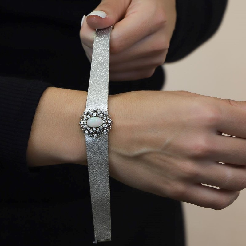 Estate Opal And Diamond Mesh Bracelet